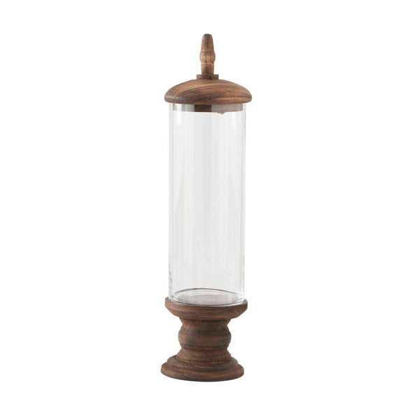 26 Inch Glass Cylinder Container w/ Brown Wood Base Pedestal &Top