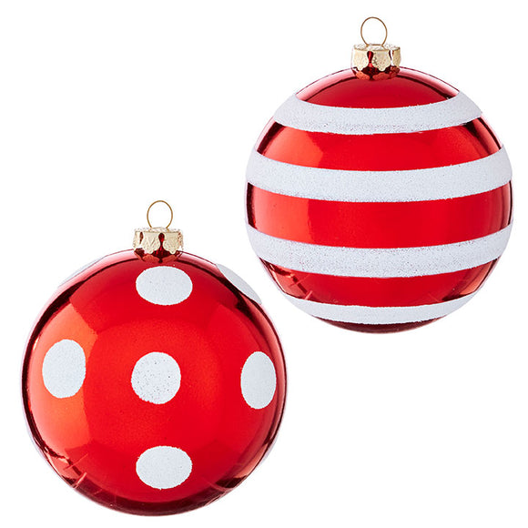 Red Dot & Stripe Ball Ornament - 2 Assorted