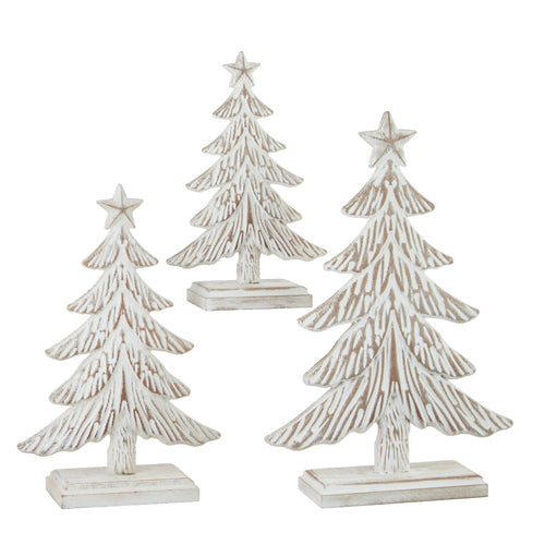 White Washed Carved Wood Trees - Set of 3