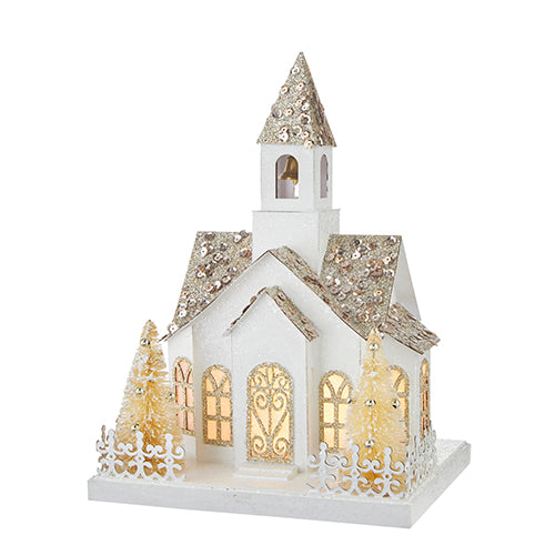 White and Gold Lighted Steepled Church