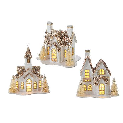 White and Gold Lighted House Ornament - 3 Styles Available