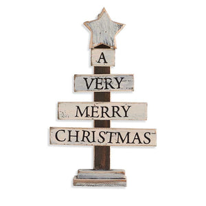 7" White Wooden Merry Christmas Tree Ornament
