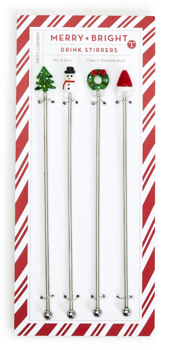 Christmas Cheers Set of 4 Drink Stirrers with Hand-Crafted Glass Icon