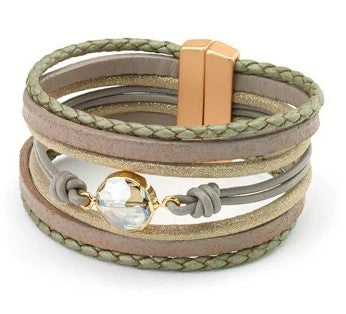 Multi Strand Leather Bracelet with Braids and Faceted Glass Centerpiece