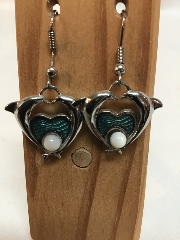 Two Dolphin Heart Pendant Earrings