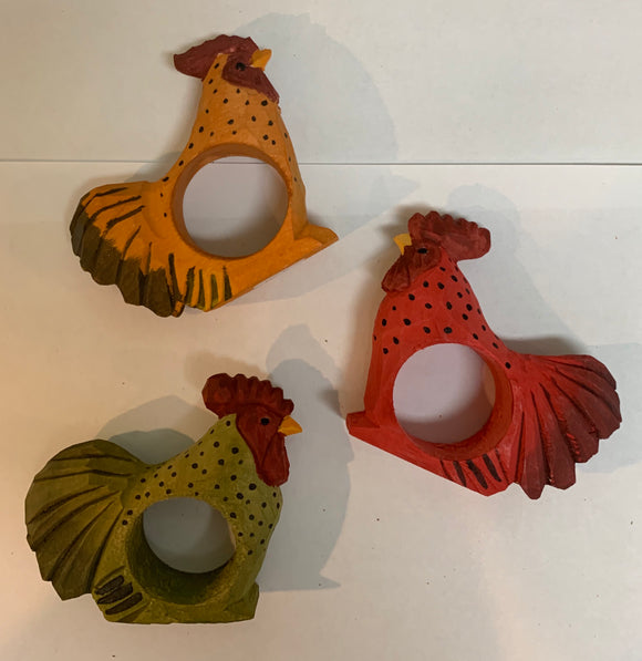 Wooden Rooster Napkin Rings - 3 Colors Available