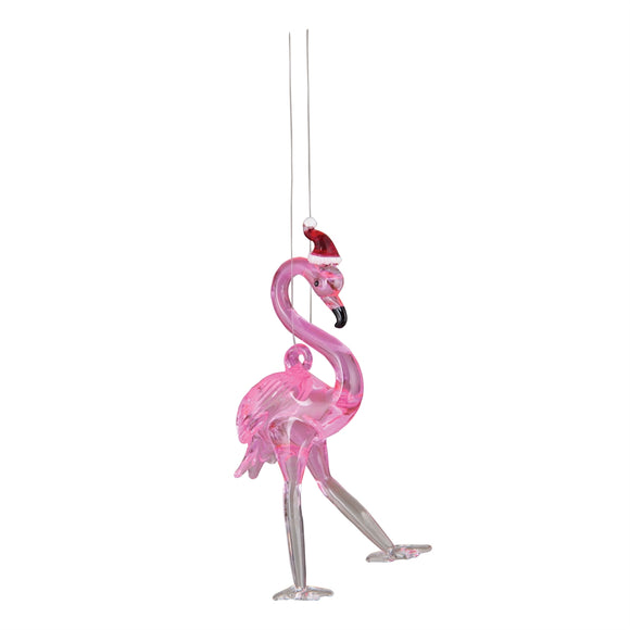Glass Flamingo Santa Ornament